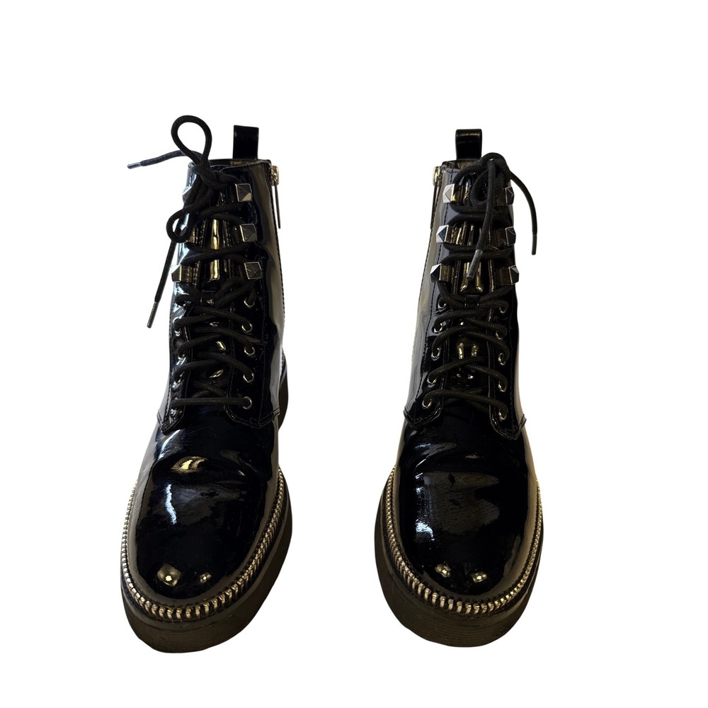 Michael Kors Black Patent Leather Studded Combat Boots with Zipper Trim Welt. 7
